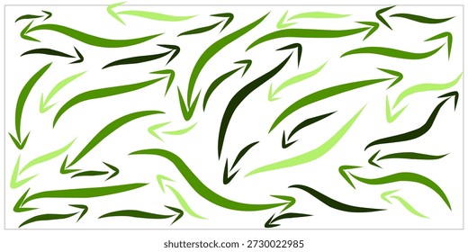 Eine Auflistung von Pfeilen mit wellenförmigen Linien. Die Pfeile winken in alle Richtungen. Eine grüne Vektorgrafik von Pfeilen.
