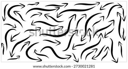 A collection of arrows with wavy lines. The arrows wave in all directions. A black vector illustration of arrows.