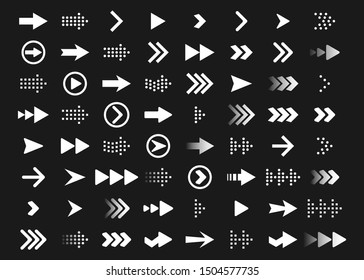 Collection of arrows. White arrow direction signs forward and down for navigation or web download button isolated vector narrow, right and left arrows character set