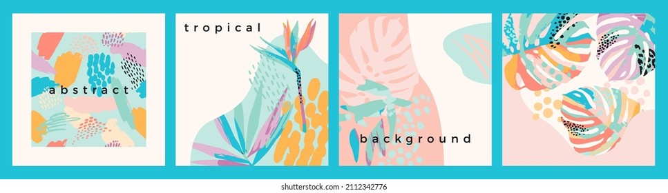 Collection of art backgrounds with abstract tropical leaves. Modern design for posters, covers, cards, interior decor and other users.