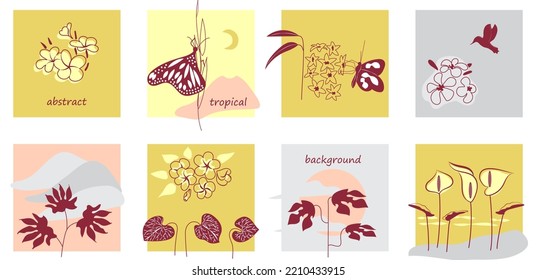 Collection of art backgrounds with abstract tropical nature. Hand drawn line leaves, branches,  blooming,  linear exotic flowers, bird,  butterflies