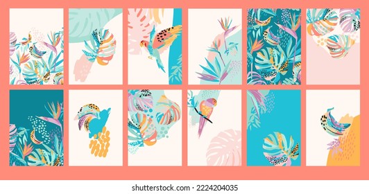 Collection of art backgrounds with abstract tropical nature. Modern design for social networks, posters, covers, cards, interior decor and other use.