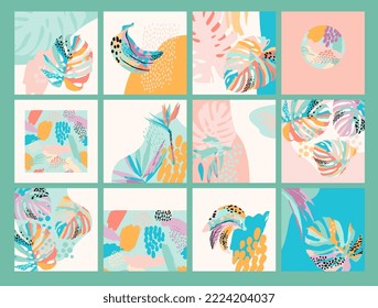 Collection of art backgrounds with abstract tropical nature. Modern design for social networks, posters, covers, cards, interior decor and other use.