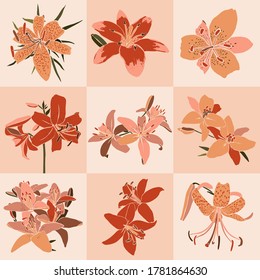 Collection Art collage lily flower in a minimal trendy style. Silhouette of lily plants in a contemporary simple abstract style on a pink background. Vector illustration For t-Shirt Print, card, flyer