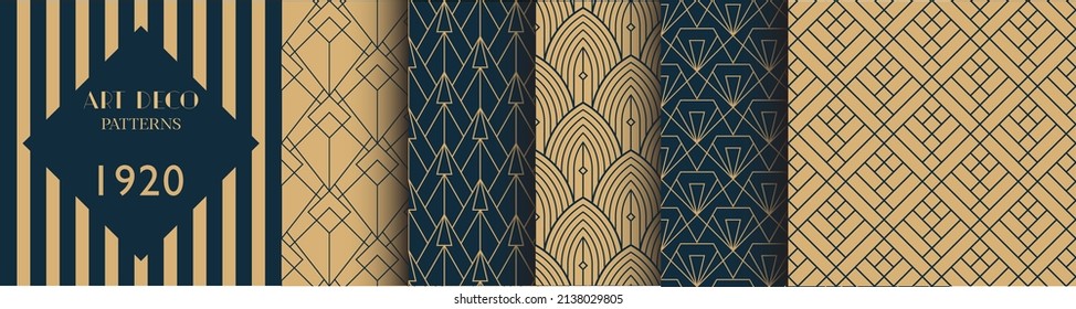 Collection of Art Deco Patterns, Retro Set of Seamless Vintage Vector Graphics from 1920. Diesel Punk, Great Gatsby Style of Design. Elegant textures for apparel, fashion and backgrounds.