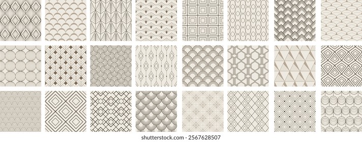 Collection of art deco seamless ornamental geometric patterns - beige design. Repeatable oriental luxury monochrome backgrounds. Decorative elegant prints