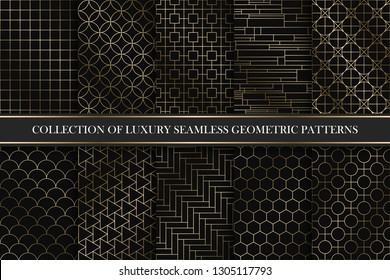 Collection of art deco vector geometric patterns - seamless luxury golden gradient design. Rich endless ornamental backgrounds.