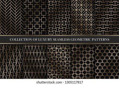 Collection of art deco vector geometric patterns - seamless luxury gold gradient design. Rich endless ornamental backgrounds.