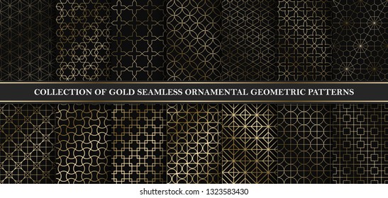 Collection of art deco vector geometric patterns - seamless luxury gold gradient design. Rich endless ornamental backgrounds.
