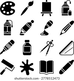 Collection of Art and Drawing Tools Icons Featuring Brushes Pencils Paint Palette and Creative Supplies