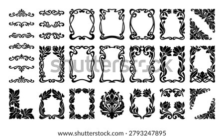 Collection of art nouveau style frames, floral borders, and decorative corners. Adds a touch of elegance to any design project.