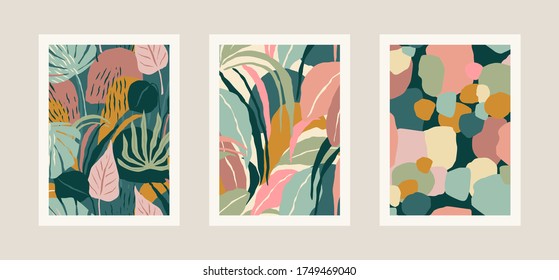 Collection of art prints with abstract leaves. Modern design for posters, covers, cards, interior decor and other users. Proportion A4.