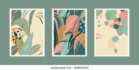 Collection of art prints with abstract leaves. Modern design for posters, covers, cards, interior decor and other users. Proportion A4.