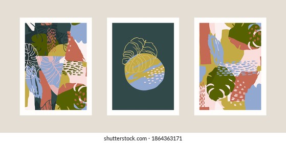 Collection of art prints with abstract tropical leaves. Modern design for posters, covers, cards, interior decor and other users. Proportion A4.