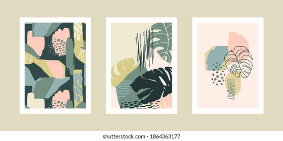 Collection of art prints with abstract tropical leaves. Modern design for posters, covers, cards, interior decor and other users. Proportion A4.