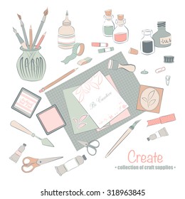 Collection of art supplies for crafting, paper piecing and scrapbooking in pale colors on white background. Top view elements. Side view elements.