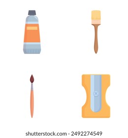 Collection of art supplies icons featuring a paint tube, brushes, and sharpener in a flat design