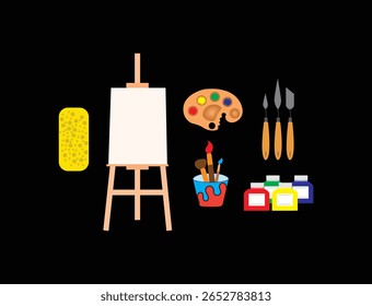 A collection of art supplies including an easel with blank canvas, paint palette, brushes, paint tubes, and palette knives.