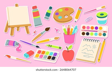 A collection of art supplies including paint, pencils, and a sketchbook. Concept of creativity and inspiration