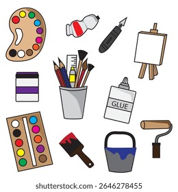 Collection of art supplies including paints, brushes, palette, and canvas