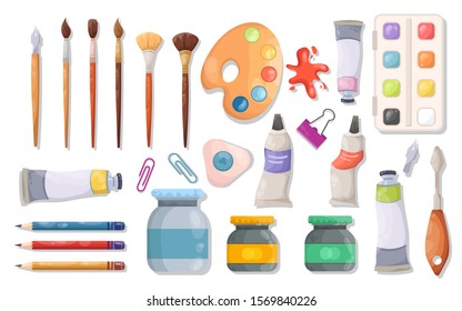 Collection Of Art Supplies On A White Background. Brushes, Pencils And Paint Set.