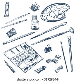 Collection of art supplies for watercolor and oil painting, drawing, pastels isolated on white background. Top view elements. Side view elements.Watercolor hand drawn set.
