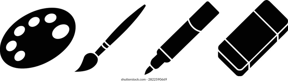 A collection of art tools consisting of an oval paint palette with multiple color wells, a traditional paintbrush with bristles, a felt tip marker, and a rectangular rubber eraser. These items are displayed as solid black silhouettes oriented horizontally. The objects are essential supplies used for various drawing, painting, and sketching projects in an artistic or educational setting. The composition is clean and focused on the individual design of each professional drawing instrument.