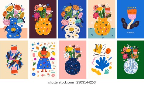 Collection of art vector floral posters. Beautiful flower collection of posters with decorative flowers, roses, leaves, floral bouquets. Notebook covers

