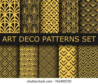 Collection of art-deco ornamental seamless patterns. Set of ten geometric backgrounds.