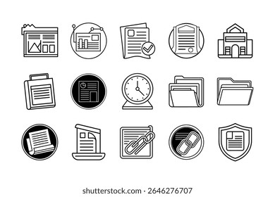Uma coleção de ícones de artigo em um fundo branco limpo, projetado em um estilo plano moderno. Ideal para sites, blogs, aplicativos, plataformas de conteúdo e interfaces editoriais.