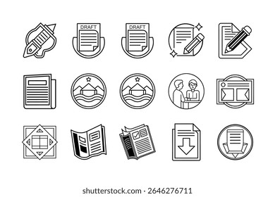 Uma coleção de ícones de artigo em um fundo branco limpo, projetado em um estilo plano moderno. Ideal para sites, blogs, aplicativos, plataformas de conteúdo e interfaces editoriais.