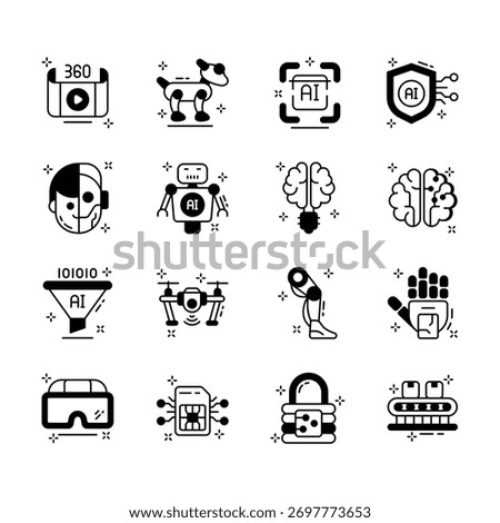 Collection of artificial intelligence glyph icons in modern design style