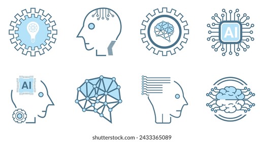 Colección de iconos de inteligencia artificial, colección de símbolos, máquina alineada aislada, IA inteligente y conceptos robóticos