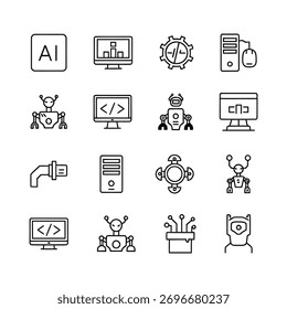 Colección de los iconos de la inteligencia artificial aislados en el fondo blanco para el Diseño web y el uso móvil del desarrollo del App