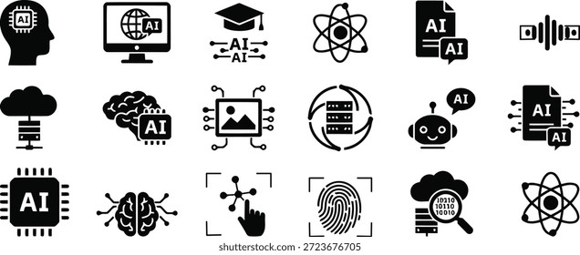Coleção de Ícones de Inteligência Artificial Representando Tecnologia e Inovação