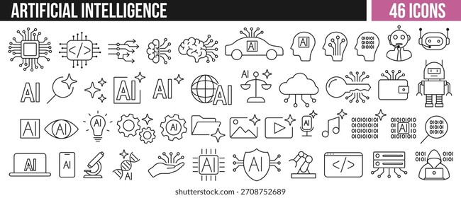Colección de iconos de línea de inteligencia artificial, incluidos robots, redes neuronales, texto de IA, computación en la nube, codificación y Elementos de aprendizaje automático.