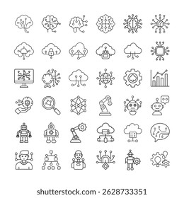 A collection of artificial intelligence and machine learning line icons, featuring concepts such as neural networks, cloud computing, robotics, data analysis, and automation