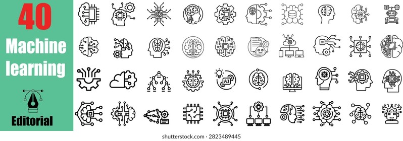 Collection of artificial intelligence machine learning line icons focused on neural networks data processing digital brain computing systems automation technology.