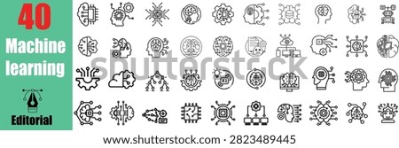 Collection of artificial intelligence machine learning line icons focused on neural networks data processing digital brain computing systems automation technology.