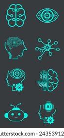 Colección de iconos de línea de vectores relacionados con la inteligencia artificial. Contiene iconos como reconocimiento facial e ilustración vectorial de inteligencia artificial