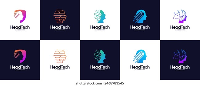 collection of artificial technology logos, with human head symbol, future tech, logo design inspiration.