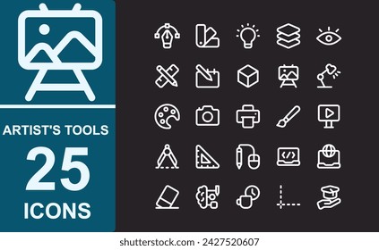 collection of artist tools.simple white line style.contains sketch,pen tool,color cards,bulbs,ideas,layers and more.