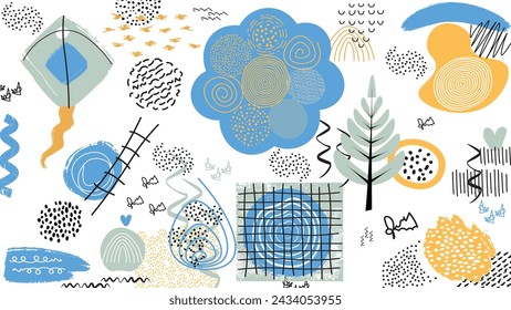 Collection of Artistic abstract Hand Drawn shapes and textures. Creative decor elements for universal background cover. Cute doodle pattern background with abstract grunge shapes, dots and textures.