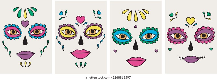 a collection of artistic abstract portraits in the style of the Mexican holiday (day of the dead) (due de muertos). Color patterns, eyes, lips are hand-drawn on the background (ivory)
