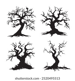 A collection of artistic black silhouettes of twisted trees, featuring intricate branches in various Halloween styles, hand-drawn and uniquely illustrated.