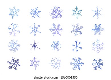 Collection of artistic blue gradient snowflakes. Stock vector set. Can be used for printed materials, prints, posters, cards, logo. Abstract background. Hand drawn decorative elements. 