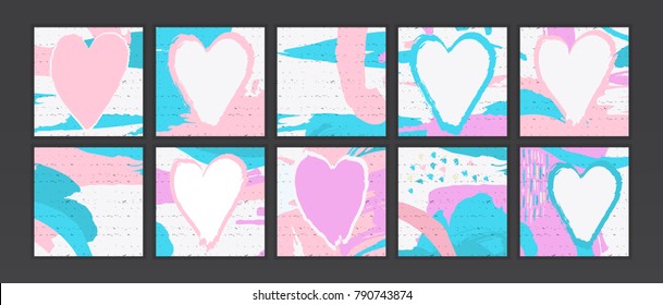 Collection of artistic, brush Abstract background. Pink hearts. Illustrations, frames for Valentine's day. Modern abstract covers set.