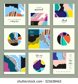 Collection of artistic cards with abstract shapes and hand made textures. Wedding, marriage, bridal, birthday, Valentine's day. Creative unusual posters. Isolated