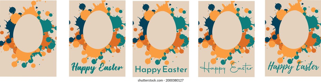 Colección de tarjetas artísticas con texto Feliz Pascua. Huevo con manchas de colores en un fondo beige. Se puede usar como afiche