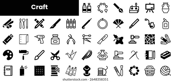 A collection of artistic craft icons featuring various tools and supplies, perfect for creative projects and DIY enthusiasts.